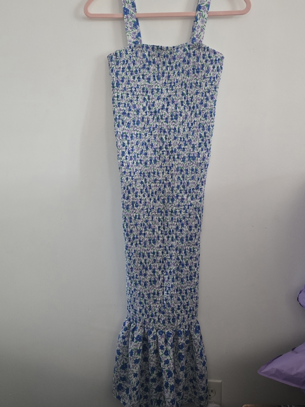 Ditsy Floral Smocked Mermaid Maxi Dress S Blue Purple Ruffle Flounce Cottagecore